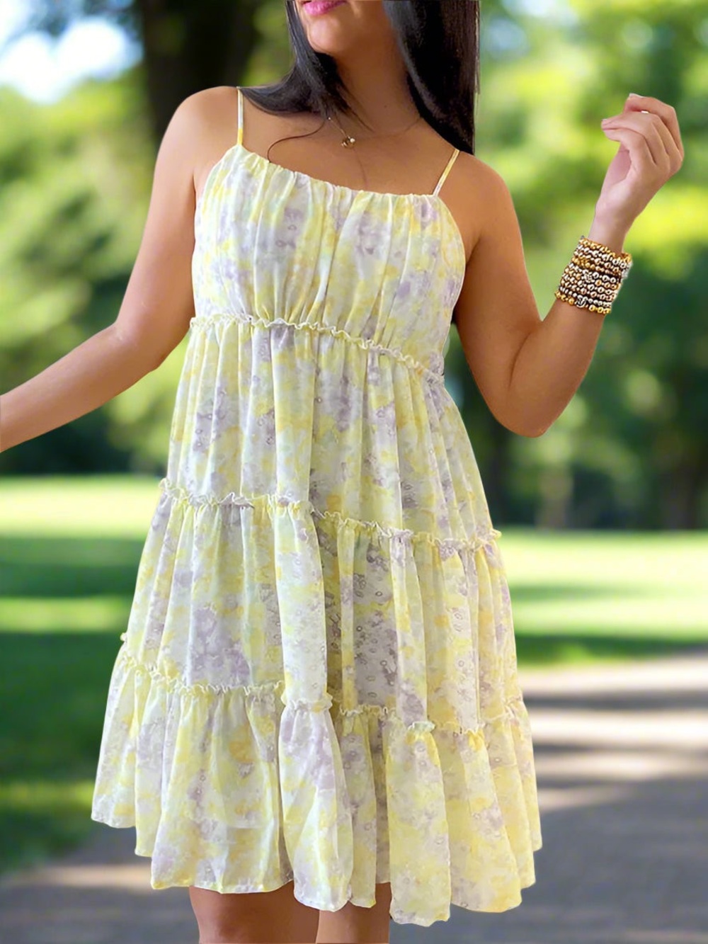 HYFVE Yellow Floral (Purple) Tiered Mini Dress with Spaghetti Straps
